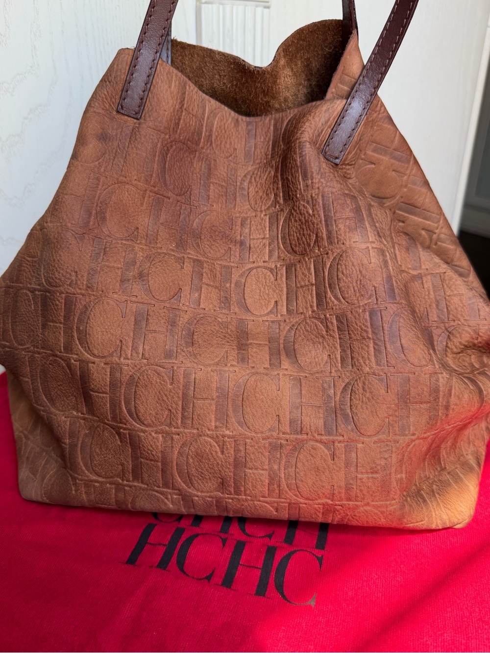 Carolina Herrera Tan Embossed CH Monogram Shoulder Tote Bag - Picture 2 of 14